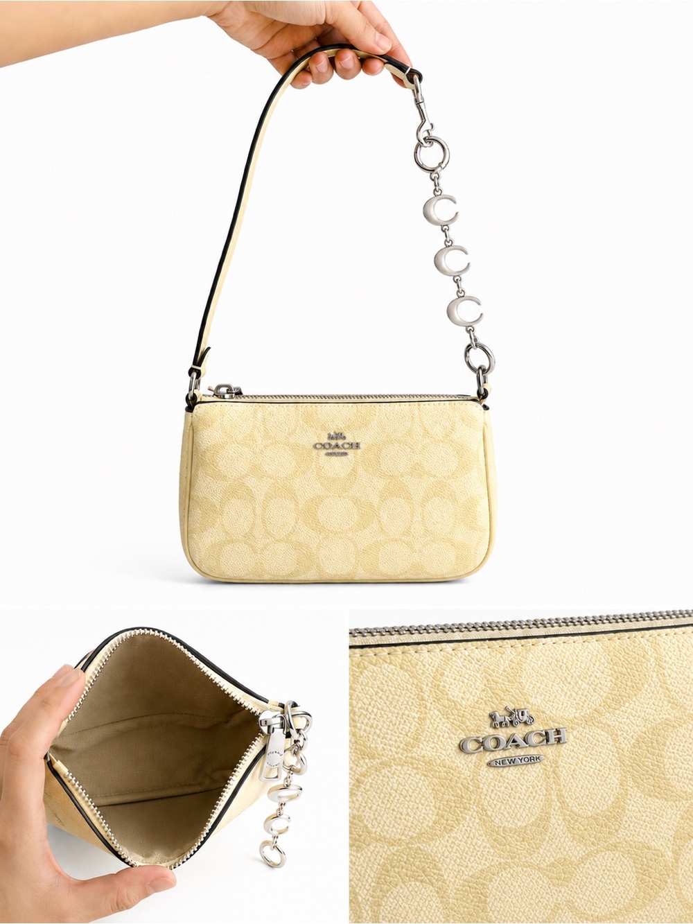Coach Pale Yellow Signature Mini Shoulder Bag with Silver Accents